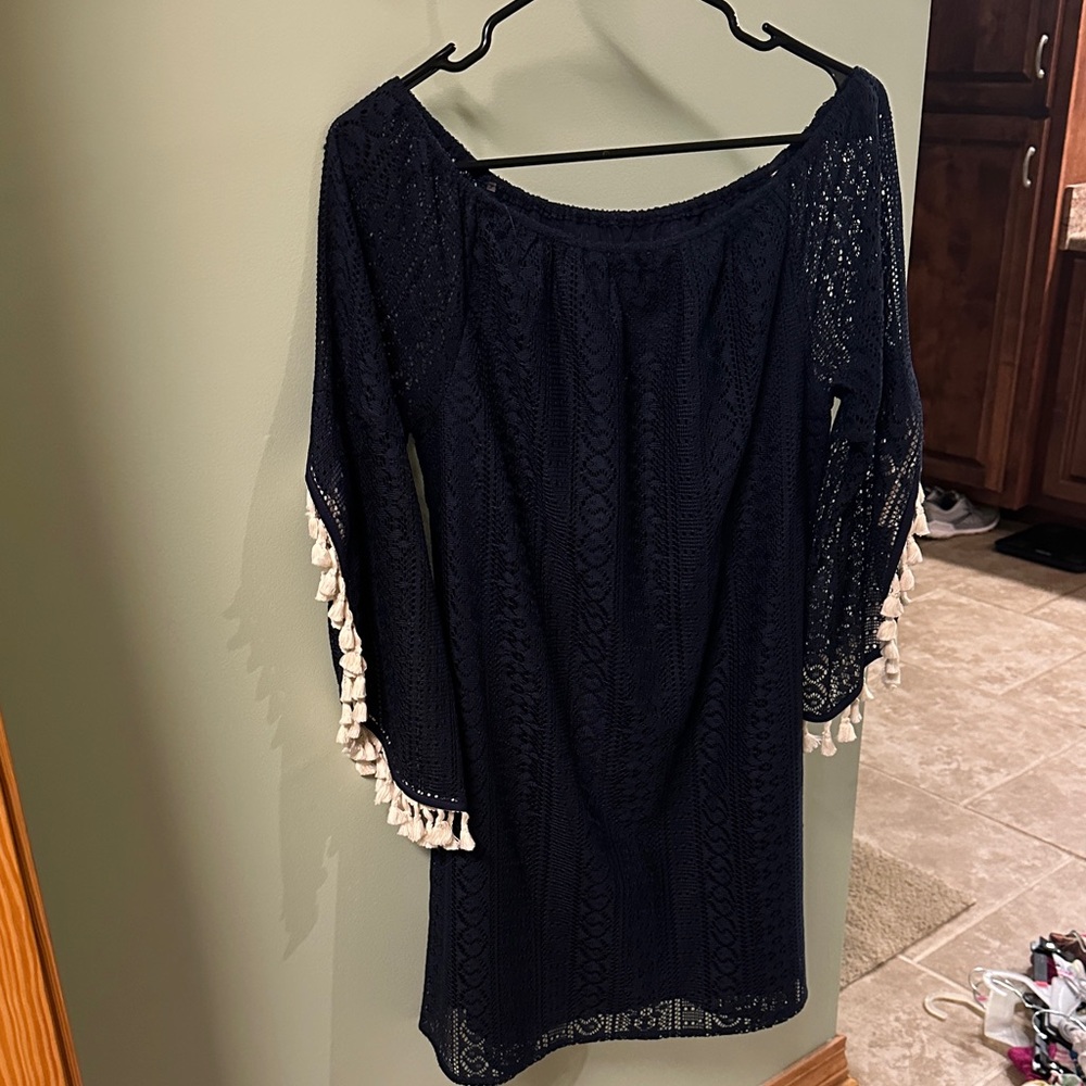 Navy Crochet Dress with Tassel Trim